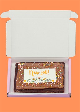 <p>Introducing the baked delights of Simply Cake Co: the perfect treats to make an occasion extra special (and sweet), delivered directly through your loved one's letterbox!</p><p>Why just send a card to say congrats when you can send them a mind-blowingly good brownie as well? Go the extra mile and celebrate your loved one's success with a super gooey, sharing-size slab of chocolate brownie! You could even get it delivered directly to their office and really embarrass them in front of their new colleagues. This indulgent brownie slab is topped with real Belgian chocolate, rainbow sprinkles, and an edible 'New job!' floral design for the finishing touch!</p><p>These are handmade in the UK with the best ingredients including proper butter, free-range eggs, Belgian chocolate AND gluten free flour so that more people can enjoy their great taste! Simply Cake Co. baked goods&nbsp;are packed full of chocolate, which gives them a shelf life of a good 10 days on arrival. Keep them wrapped up tight, or freeze if you want to keep them longer! Serves 4.</p><p><strong>Please note that this product is fulfilled by our partner Simply Cake Co. and therefore will be sent separately to our other cards and gifts.</strong></p><p>Ingredients:</p><p>Caster sugar, Chocolate (Cocoa mass, Sugar, Cocoa butter, whole MILK powder, emulsifier SOY Lecithin, Natural Vanilla flavouring), White Chocolate (Sugar, Cocoa butter, whole MILK powder, emulsifier SOY Lecithin, Natural Vanilla flavouring), Butter (MILK), free-range EGG, gluten-free flour blend (pea, rice, potato, tapioca, maize, buckwheat), cocoa powder, salt, xanthan gum, sprinkles (Sugar, Corn Starch, Maltodextrin, Colours, (E100 Turmeric, E160c Paprika, E163 Anthocyanins, E171 Titanium Dioxide), Glazing agent (Carnauba Wax), Spirulina Extract, Stabilizers (Gum Arabic), Anti-caking agent (Potassium Aluminium Silicate)), wafer paper (Potato Starch, Water, Olive Oil, maltodextrin) icing (Water, starch (maize), dried glucose syrup, humectant: glycerine, sweetner: sorbitol, colour: titanium dioxide, vegetable oil (rapeseed), thickener: cellulose, emulsifier: polysorbate 80 flavouring, vanillin, sucralose), colourings(water, humectant, E1520, E422, food colouring ( e120, e122, acidity regulator e330, e151, e110, e102).</p><p>&nbsp;</p><p><strong>For allergens please see above.</strong>&nbsp;Made in a bakery that handles&nbsp;<strong>MILK, EGGS, SOYA, NUTS &amp; PEANUTS</strong>&nbsp;therefore may contain traces. Coeliac-friendly. Not suitable for vegetarians.</p>